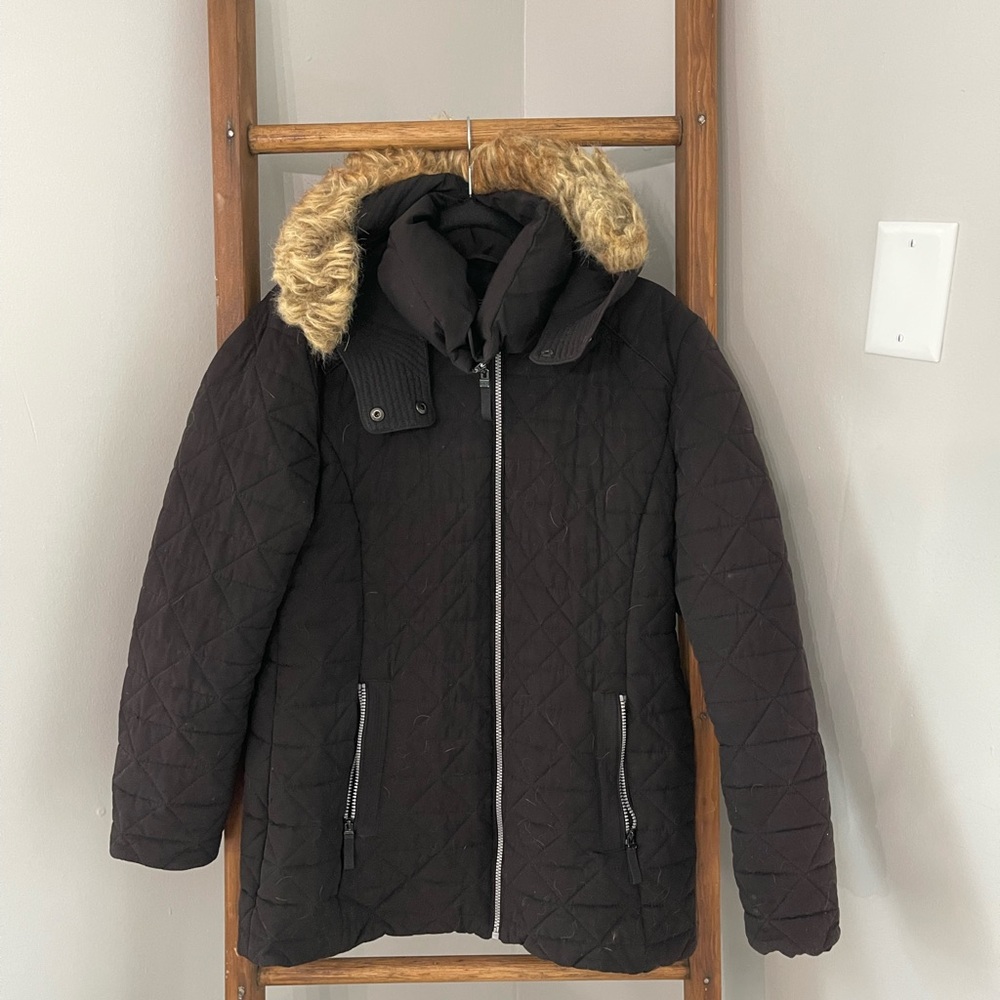Marc New York Black Quilted Faux Down Parka Jacket with Faux Fur Hood